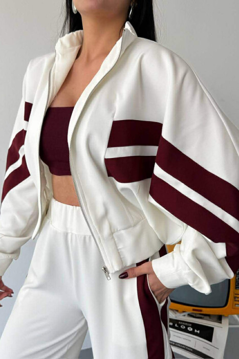 JACKET+TROUSERS SIMPLE STRIPED WOMEN SET WHITE-BURGUNDY/BAVI - 4
