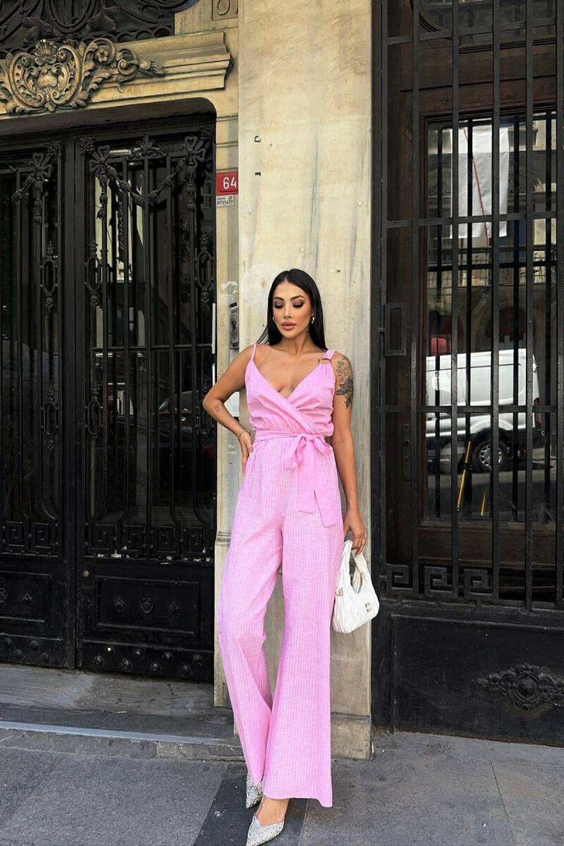 JUMPSUIT I THJESHTË ME DIZAJNIN E VIJAVE PËR FEMRA NË NGJYRËN ROZË - 1