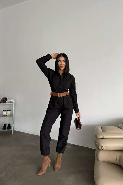 JUMPSUIT NJË NGJYRËSH ME DETAJIN E RRIPIT PËR FEMRA NË NGJYRË TË ZEZË - 2