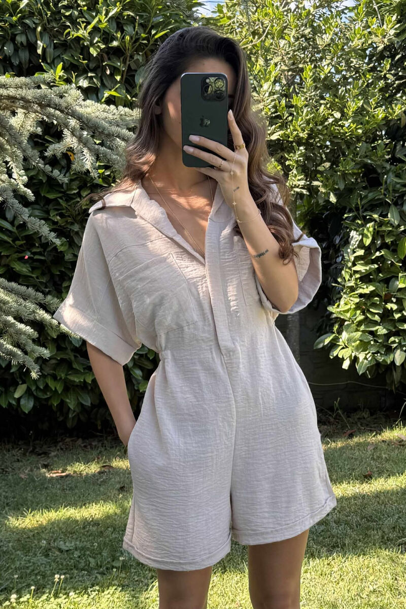 JUMPSUIT NJË NGJYRËSH ME JAKË POLO PËR FEMRA NË NGJYRËN BEZHË - 3