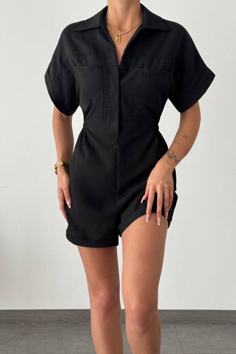 JUMPSUIT NJË NGJYRËSH ME JAKË POLO PËR FEMRA NË NGJYRËN E ZEZË - 7