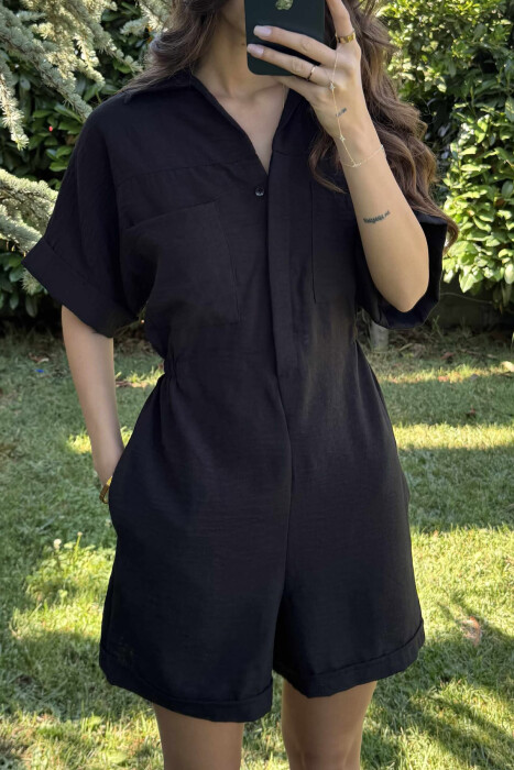 JUMPSUIT NJË NGJYRËSH ME JAKË POLO PËR FEMRA NË NGJYRËN E ZEZË - 2