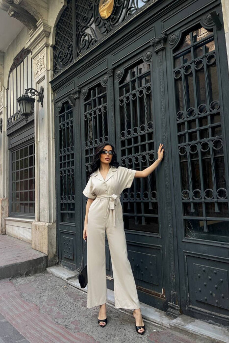 JUMPSUIT NJE NGJYRESH ME LIDHESE TEK BELI PER FEMRA NE NGJYRE BEZHE - 2