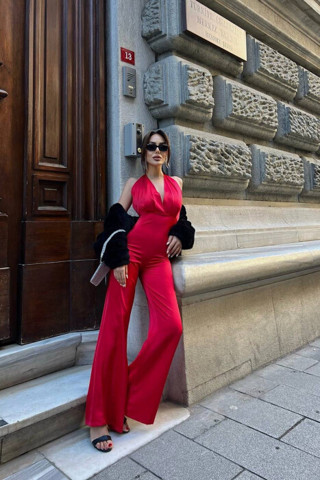 JUMPSUIT NJË NGJYRËSH ME DEAJIN E LIDHSES NE QAFË PËR FEMRA NË NGJYRËN E KUQE - 5
