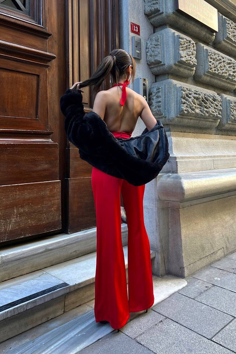 JUMPSUIT NJË NGJYRËSH ME DEAJIN E LIDHSES NE QAFË PËR FEMRA NË NGJYRËN E KUQE - 6