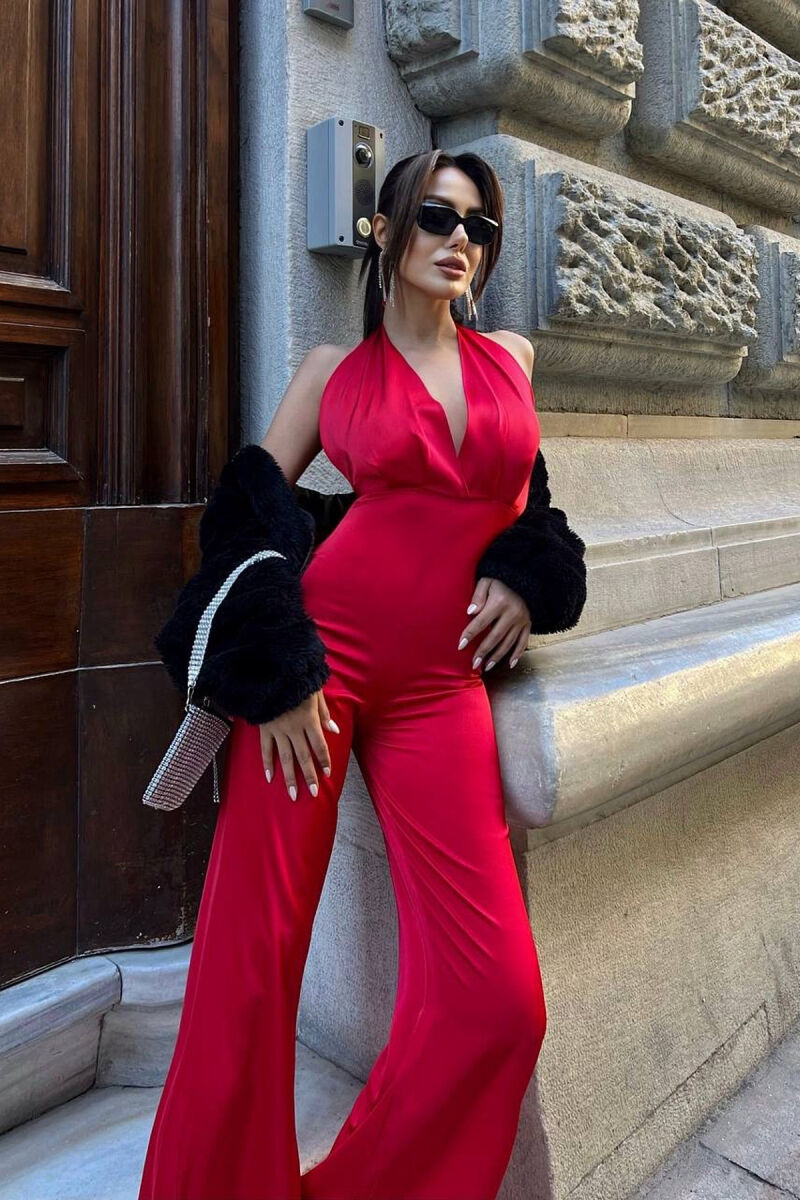 JUMPSUIT NJË NGJYRËSH ME DEAJIN E LIDHSES NE QAFË PËR FEMRA NË NGJYRËN E KUQE - 7