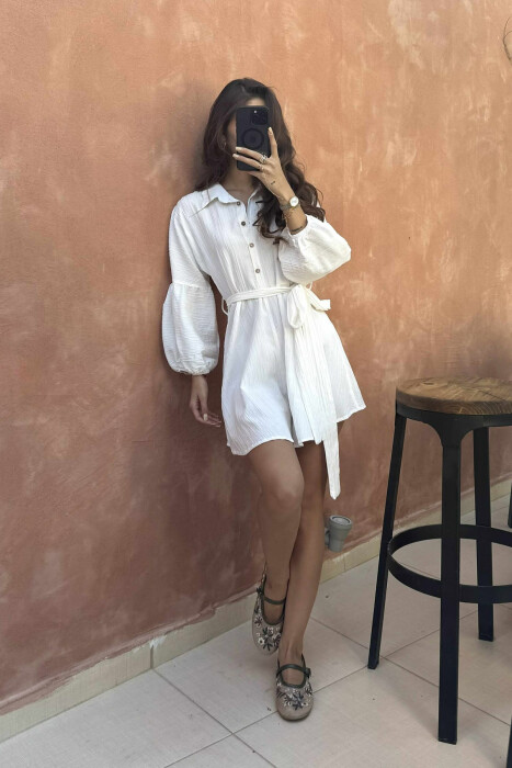 JUMPSUIT NJË NGJYRËSH ME KOPSA DHE LIDHËSE PËR FEMRA NË NGJYRËN E BARDHË - KLAUDIO FASHION