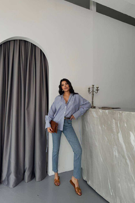 KËMISHË ME MËNGË TË GJATA DHE DIZAJN ME VIJA PËR FEMRA NË NGJYRË BLU - 5