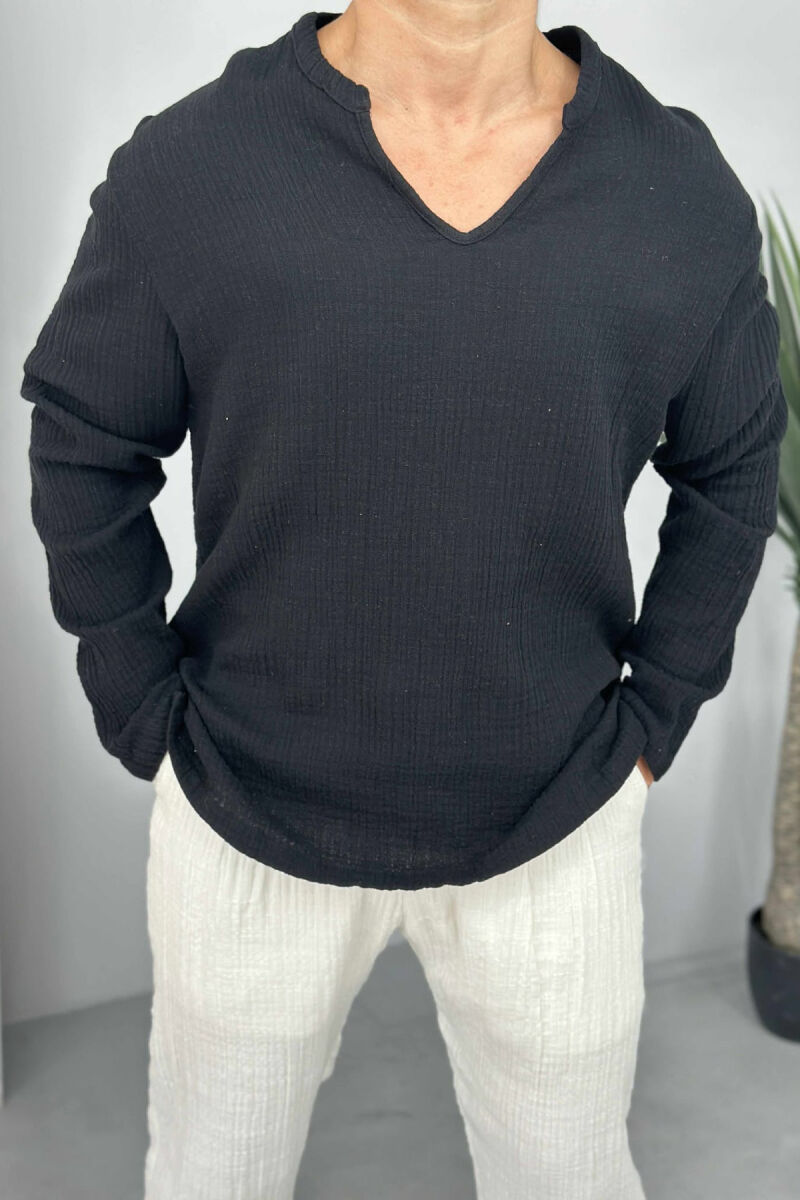 LONG SLEEVES V NECK ONE COLOR MEN SHIRT BLACK/ E ZEZE - 2