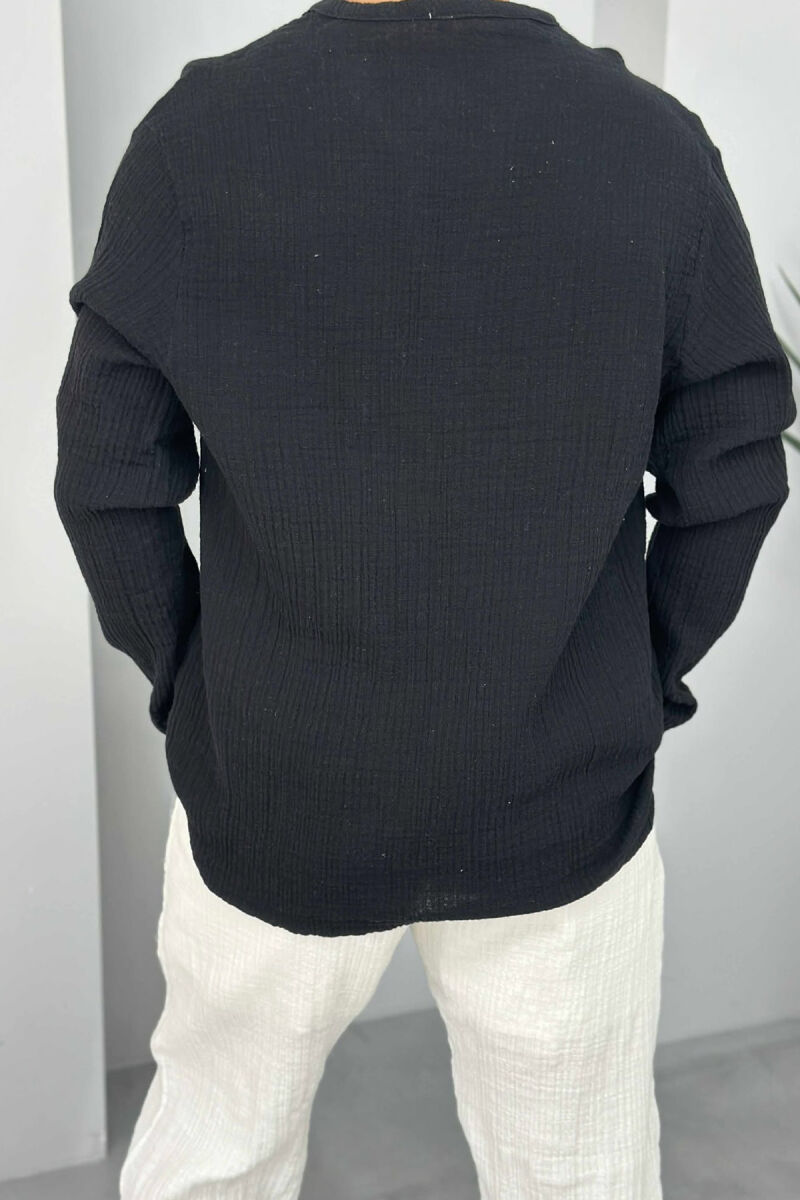 LONG SLEEVES V NECK ONE COLOR MEN SHIRT BLACK/ E ZEZE - 3