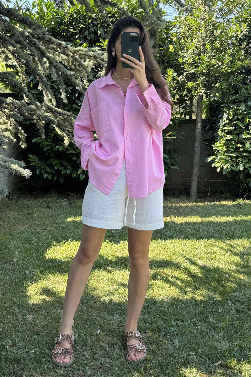 KËMISHE NJË NGJYRËSHE ME DETAJIN E XHEPAVE PËR FEMRA NË NGJYRËN ROZË - 2