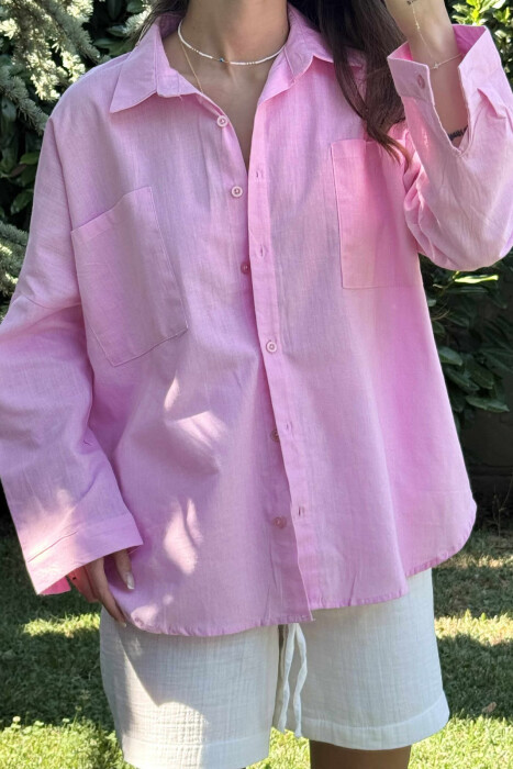 KËMISHE NJË NGJYRËSHE ME DETAJIN E XHEPAVE PËR FEMRA NË NGJYRËN ROZË - 3