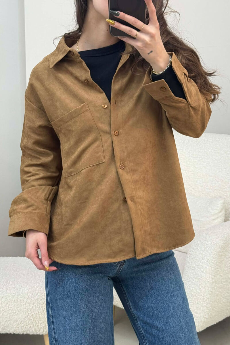 KËMISHË NJË NGJYRËSHE ME NJË XHEP PËE FEMRA NË NGJYRË KAFE - 4