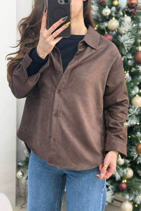 KËMISHË NJË NGJYRËSHE ME NJË XHEP PËE FEMRA NË NGJYRË KAFE TË ERRËT - 4