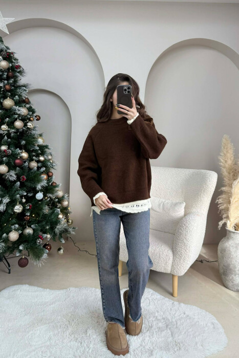 KNIT DETAIL SIMPLE WOMEN SWEATER BROWN/KAFE - KLAUDIO FASHION