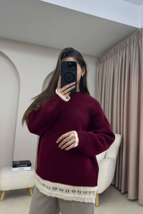 KNIT DETAIL SIMPLE WOMEN SWEATER BURGUNDY/VISHNJE - KLAUDIO FASHION