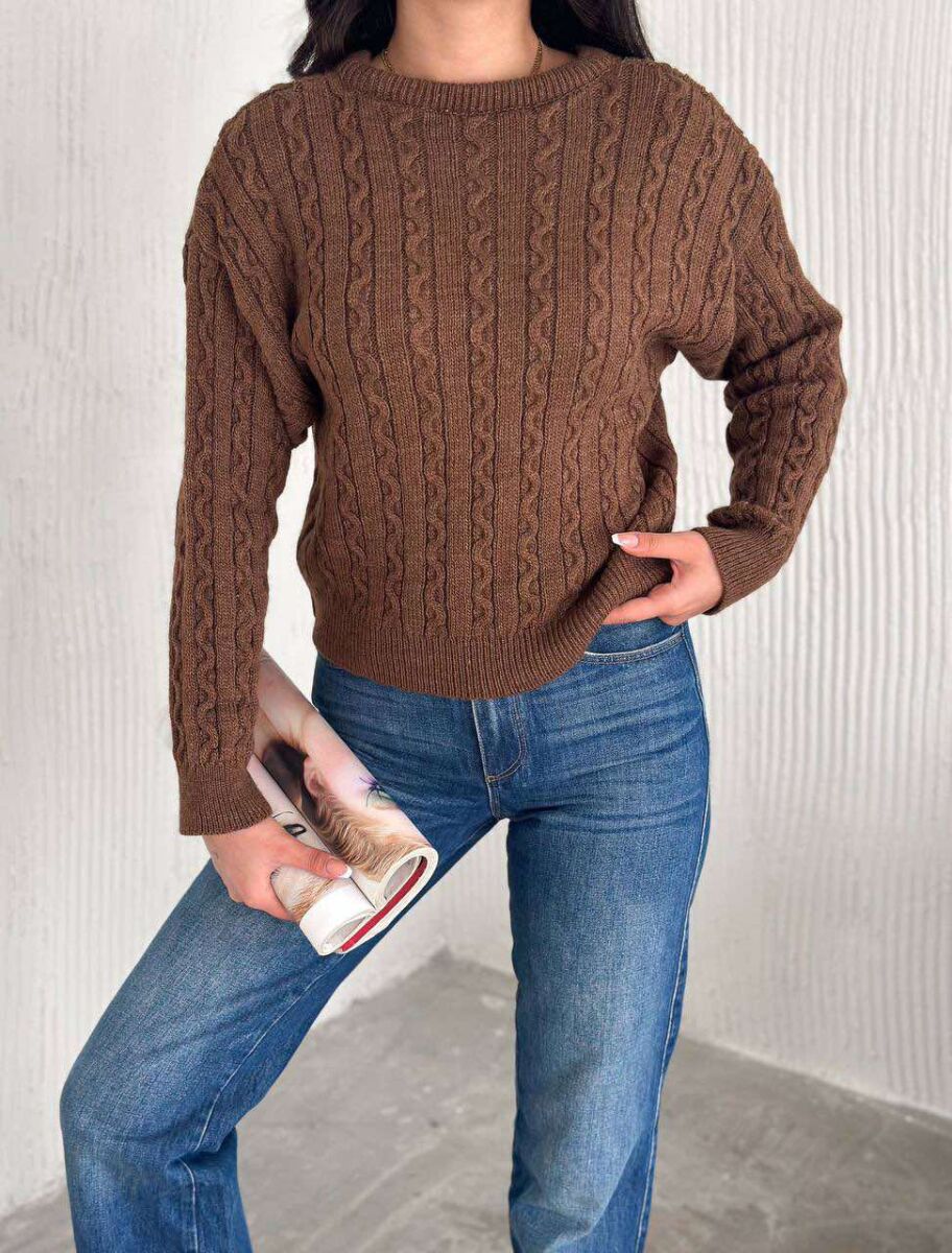 KNITTED ROUND NECK WOMEN SWEATER IN BROWN COLOR - 1