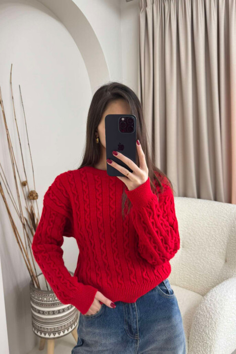 KNITTED ROUND NECK WOMEN SWEATER IN RED COLOR - 1