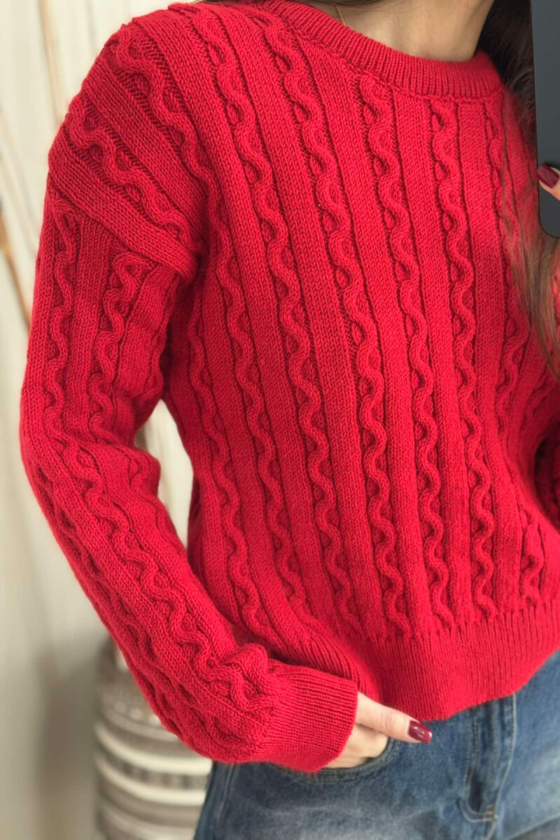 KNITTED ROUND NECK WOMEN SWEATER IN RED COLOR - 2