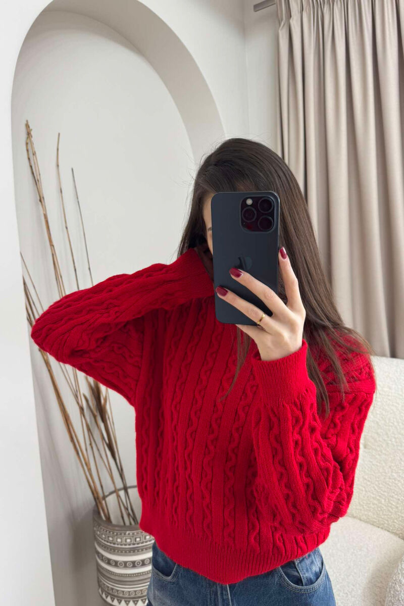 KNITTED ROUND NECK WOMEN SWEATER IN RED COLOR - 3