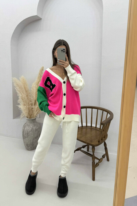 B LETTER CARDIGAN+TROUSERS KNIT WOMEN SET FUCHSIA/CIKLAMI - 3