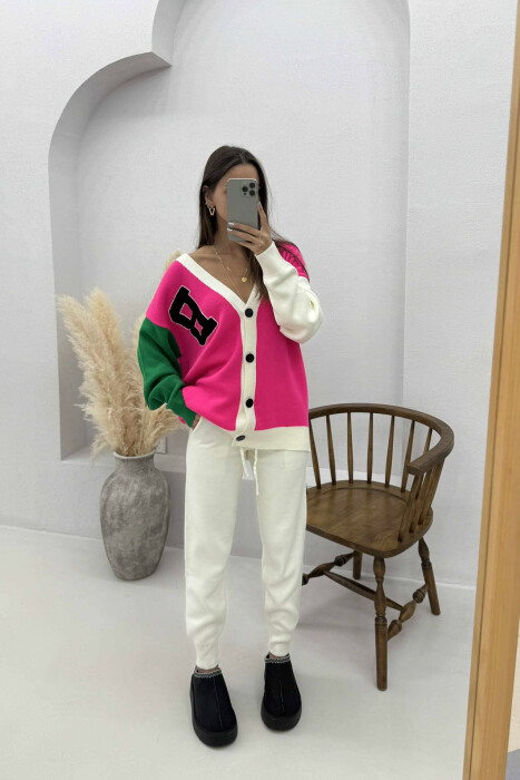 B LETTER CARDIGAN+TROUSERS KNIT WOMEN SET FUCHSIA/CIKLAMI - 2