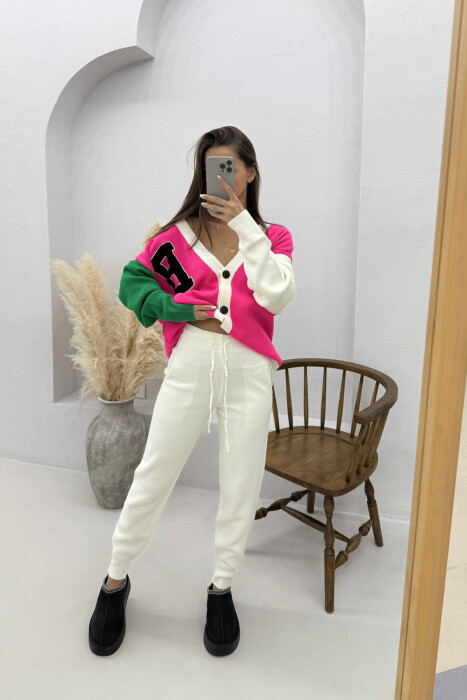 B LETTER CARDIGAN+TROUSERS KNIT WOMEN SET FUCHSIA/CIKLAMI - 1