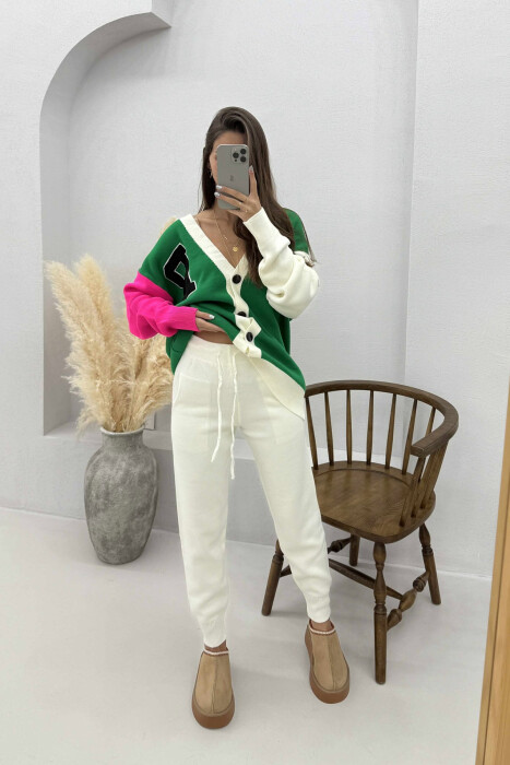 B LETTER CARDIGAN+TROUSERS KNIT WOMEN SET GREEN/JESHILE 