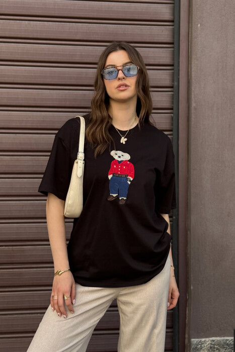 KNITTED BEAR IMAGE WOMEN T-SHIRT BLACK/ E ZEZE 
