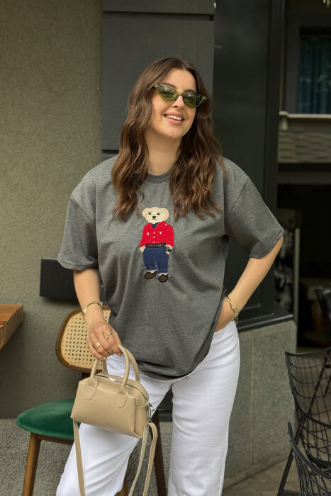 KNITTED BEAR IMAGE WOMEN T-SHIRT DARK GREY/GEE 
