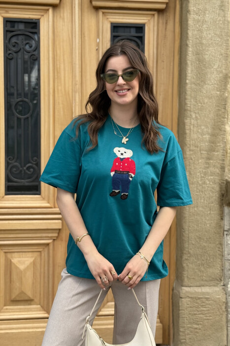 KNITTED BEAR IMAGE WOMEN T-SHIRT GREEN/JESHILE 