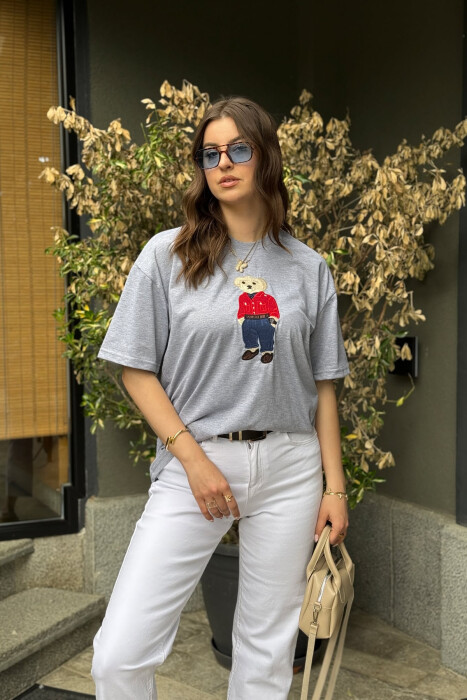 KNITTED BEAR IMAGE WOMEN T-SHIRT GREY/GRI 