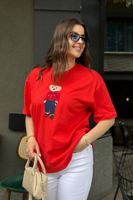 KNITTED BEAR IMAGE WOMEN T-SHIRT ORANGE/PORTOKALLI 