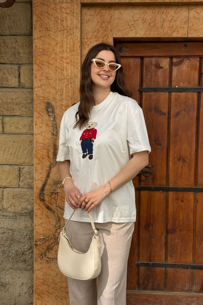 KNITTED BEAR IMAGE WOMEN T-SHIRT WHITE-E BARDHE - 1
