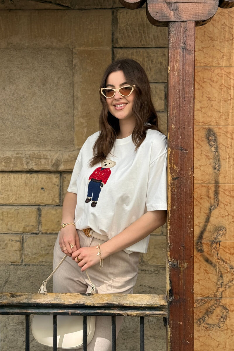 KNITTED BEAR IMAGE WOMEN T-SHIRT WHITE-E BARDHE - 2