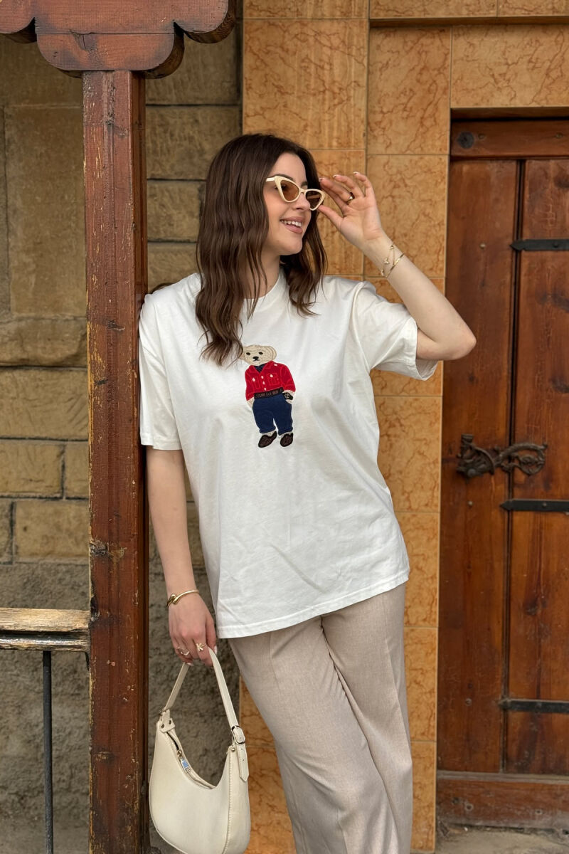 KNITTED BEAR IMAGE WOMEN T-SHIRT WHITE-E BARDHE - 3