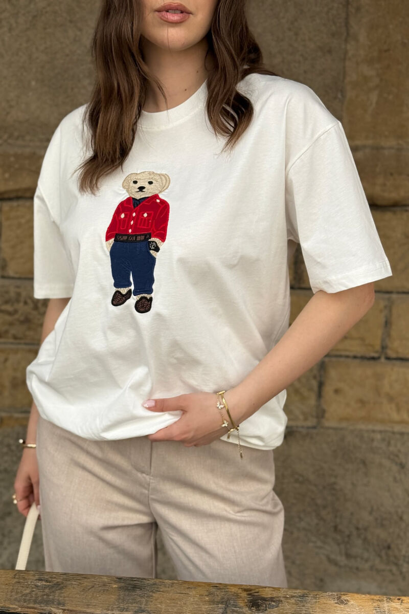 KNITTED BEAR IMAGE WOMEN T-SHIRT WHITE-E BARDHE - 4
