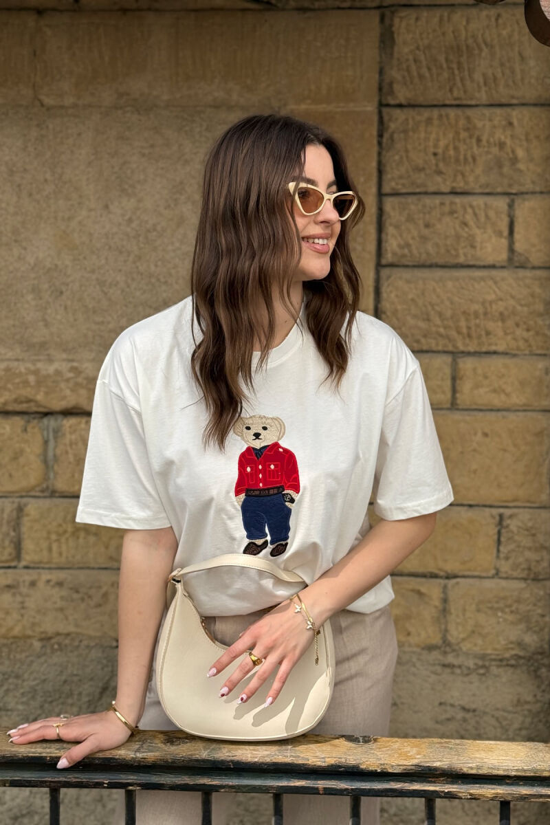 KNITTED BEAR IMAGE WOMEN T-SHIRT WHITE-E BARDHE - 5