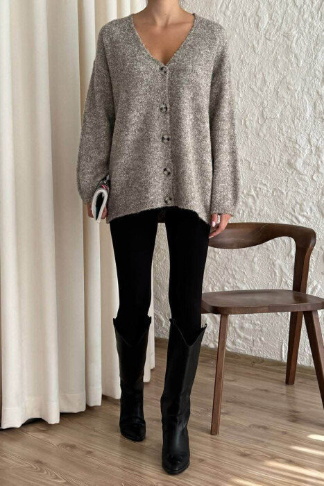 KNITTED BUTTONED SIMPLE WOMEN CARDIGAN BROWN/KAFE - KLAUDIO FASHION