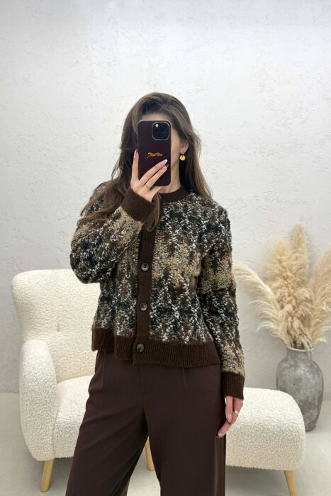 KNITTED BUTTONED SIMPLE WOMEN CARDIGAN BROWN/KAFE - 1