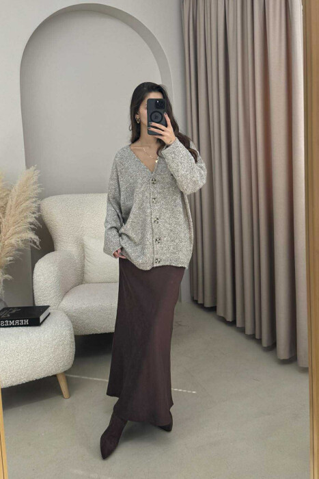 KNITTED BUTTONED SIMPLE WOMEN CARDIGAN GREY/GRI - KLAUDIO FASHION