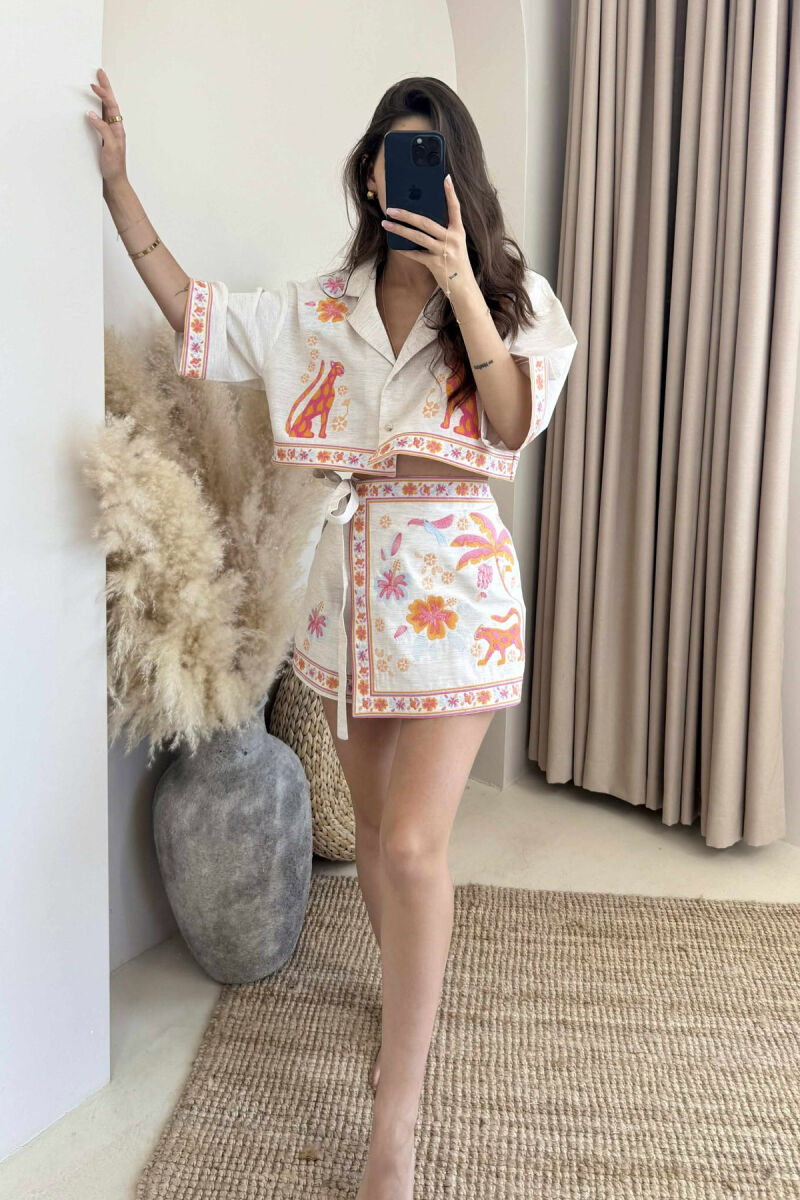 KNITTED DESIGN CROPPED SHIRT+SKORTS WOMEN SET CREAM/KREM - 2