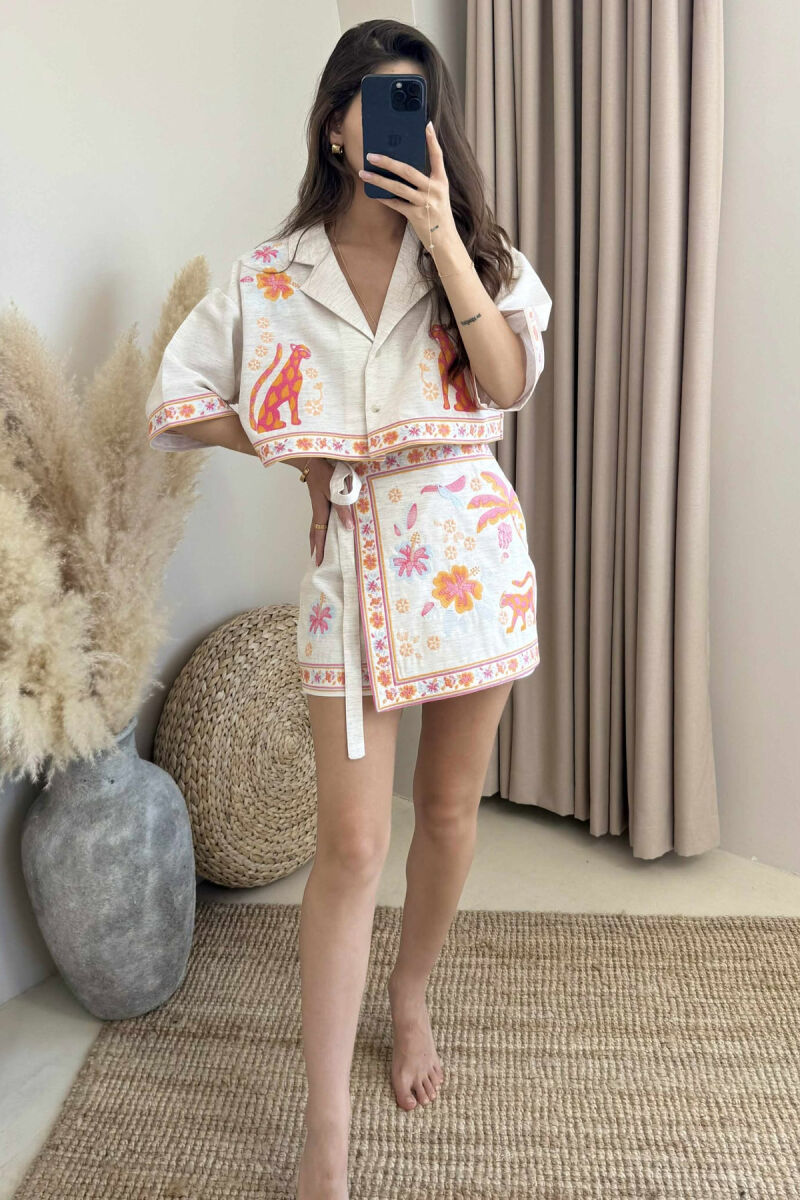 KNITTED DESIGN CROPPED SHIRT+SKORTS WOMEN SET CREAM/KREM - 3