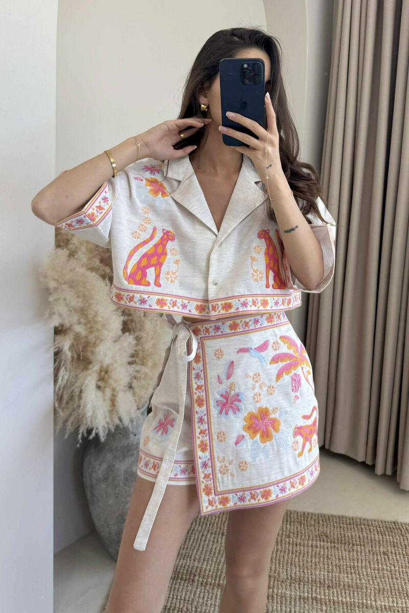 KNITTED DESIGN CROPPED SHIRT+SKORTS WOMEN SET CREAM/KREM - 4
