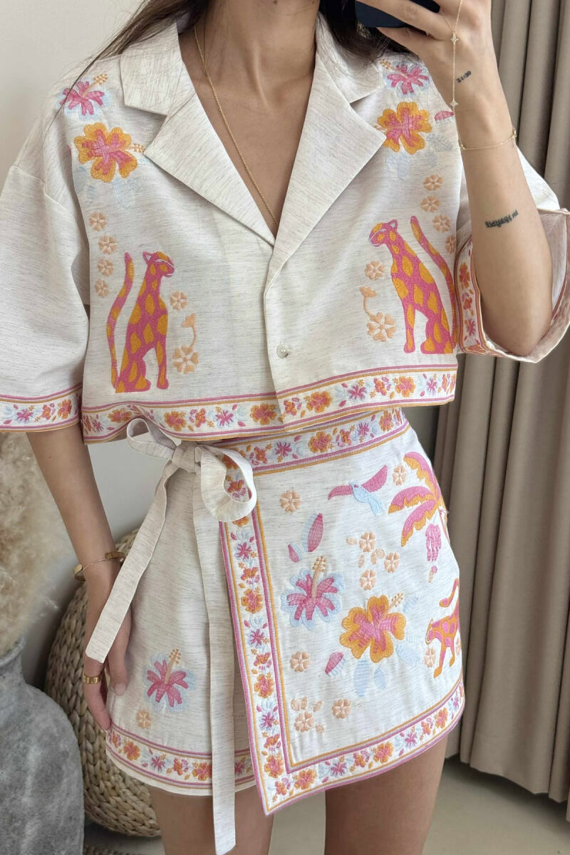 KNITTED DESIGN CROPPED SHIRT+SKORTS WOMEN SET CREAM/KREM - 5