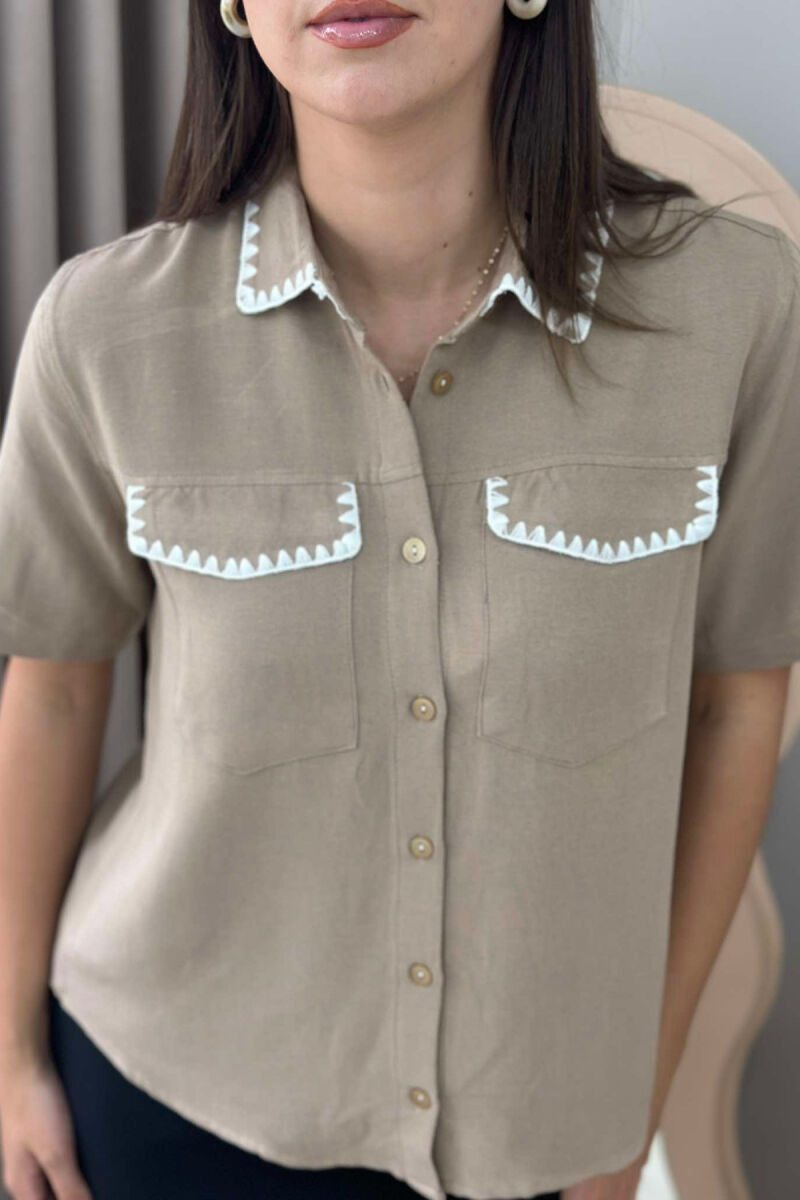 KNITTED DETAILS ONE COLOR WOMEN SHIRT BROWN/KAFE - 2