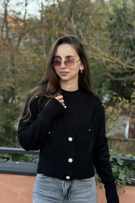 KNITTED FLOWER DESIGN WOMEN CARDIGAN BLACK/ E ZEZE - 1