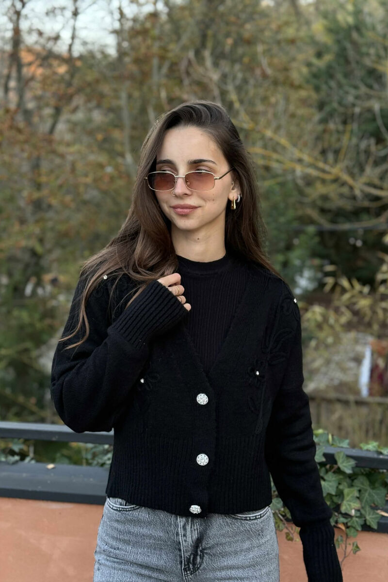 KNITTED FLOWER DESIGN WOMEN CARDIGAN BLACK/ E ZEZE - 1