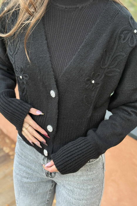 KNITTED FLOWER DESIGN WOMEN CARDIGAN BLACK/ E ZEZE - 4