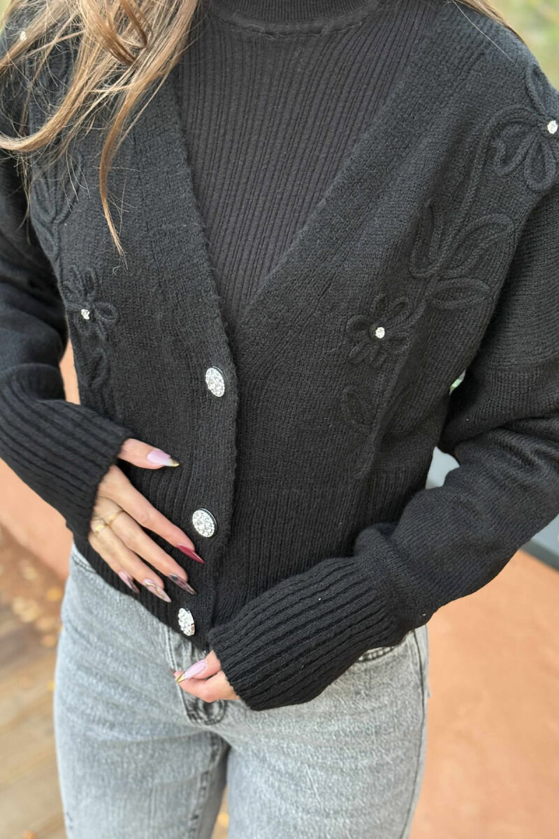KNITTED FLOWER DESIGN WOMEN CARDIGAN BLACK/ E ZEZE - 4